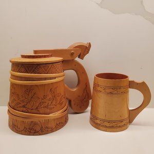 Vintage Hand Carved Wood Tankard & Mug Set Home Decor Pieces Horsehead Pull